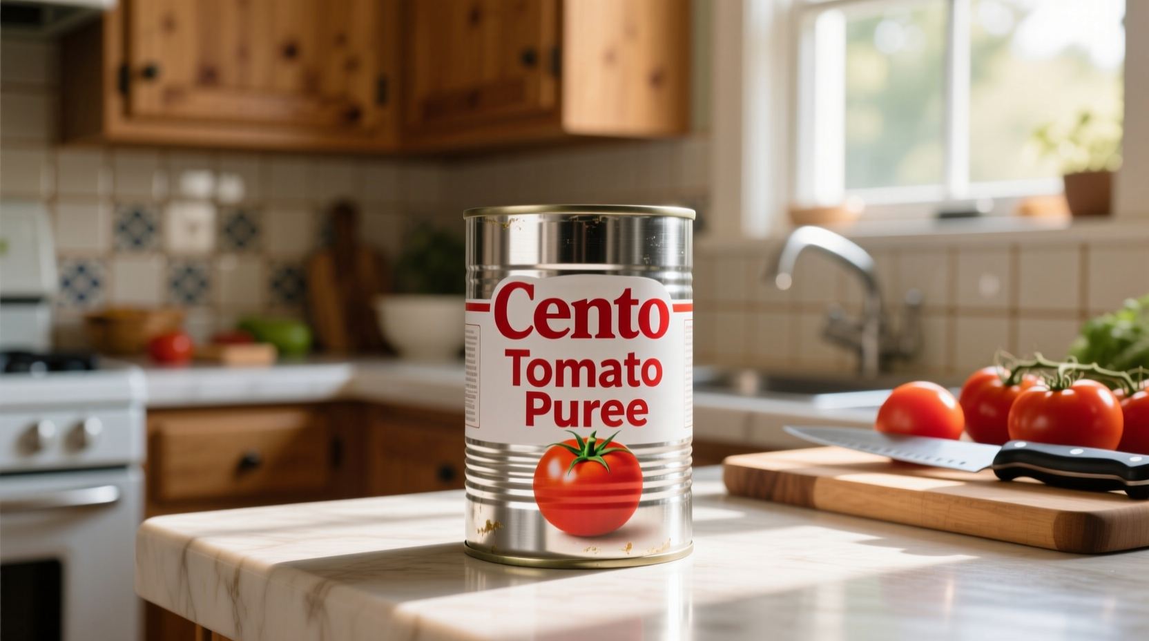 Cento tomato puree can on kitchen counter