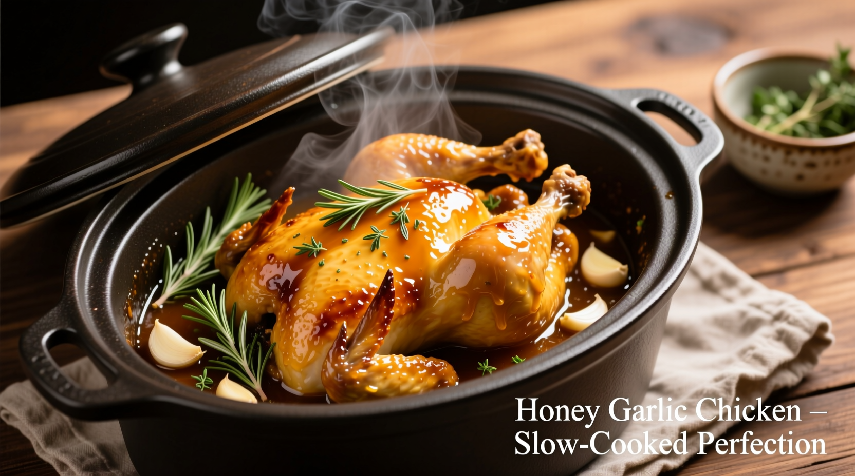 Golden honey garlic chicken in crockpot with fresh herbs