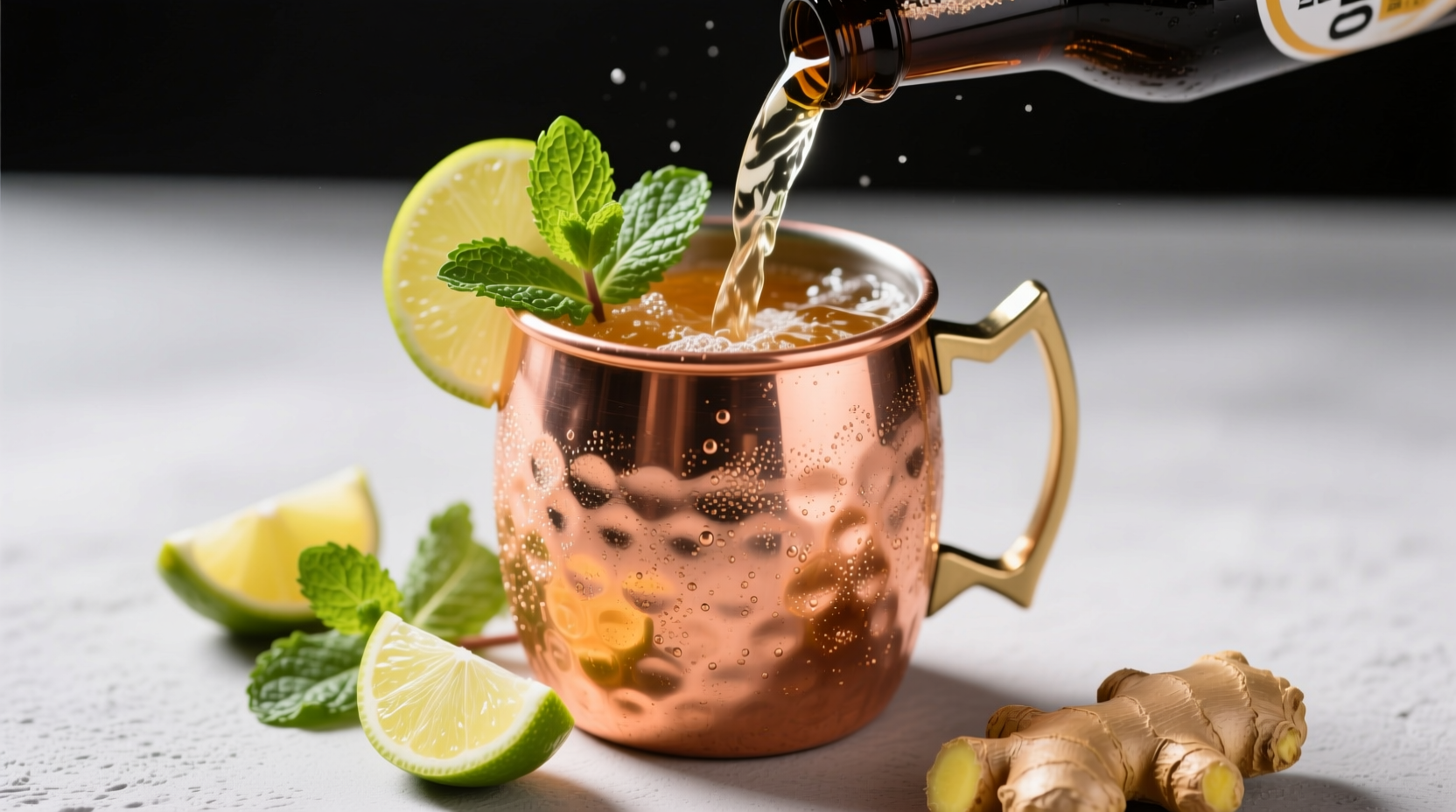 Ginger beer poured into a copper mug with fresh lime wedges and mint sprigs, showcasing Moscow Mule presentation