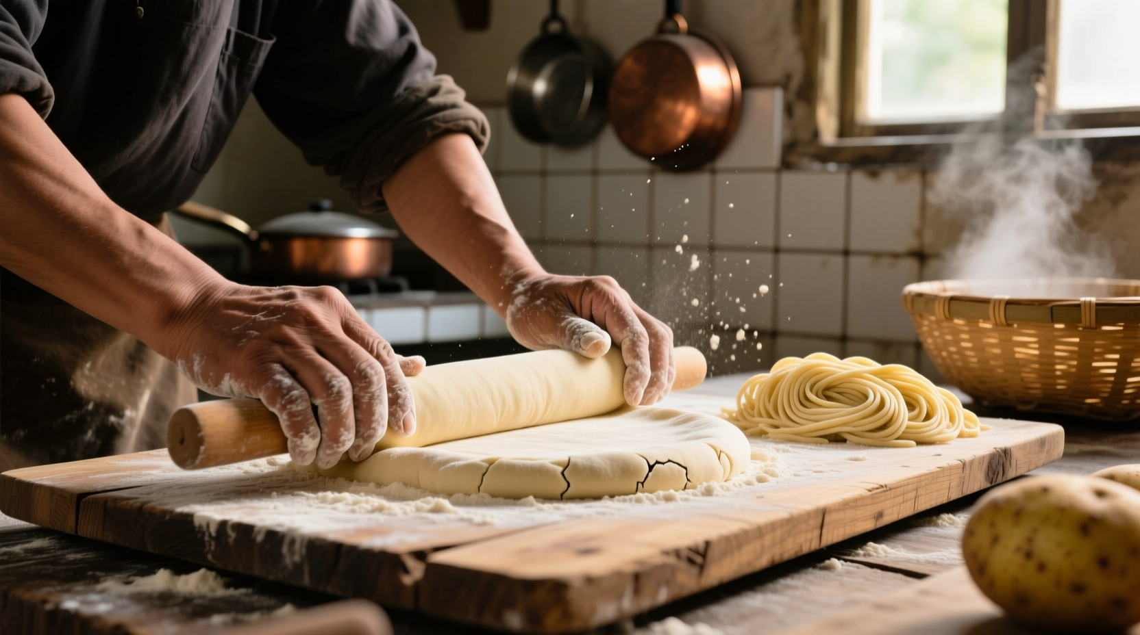 Hand rolling fresh potato noodle dough on wooden board