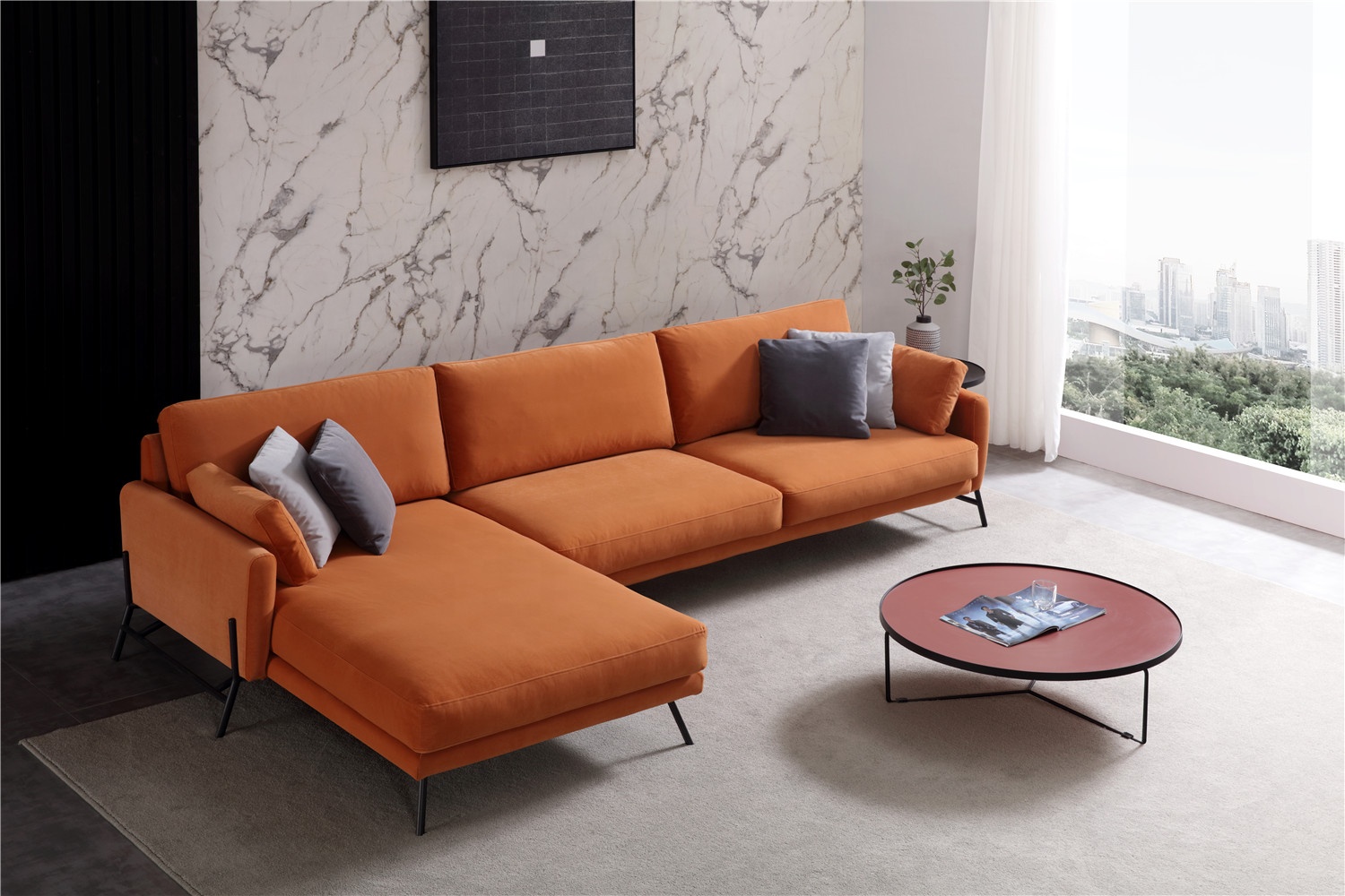 金属框架沙发套装橙色l形转角客厅沙发