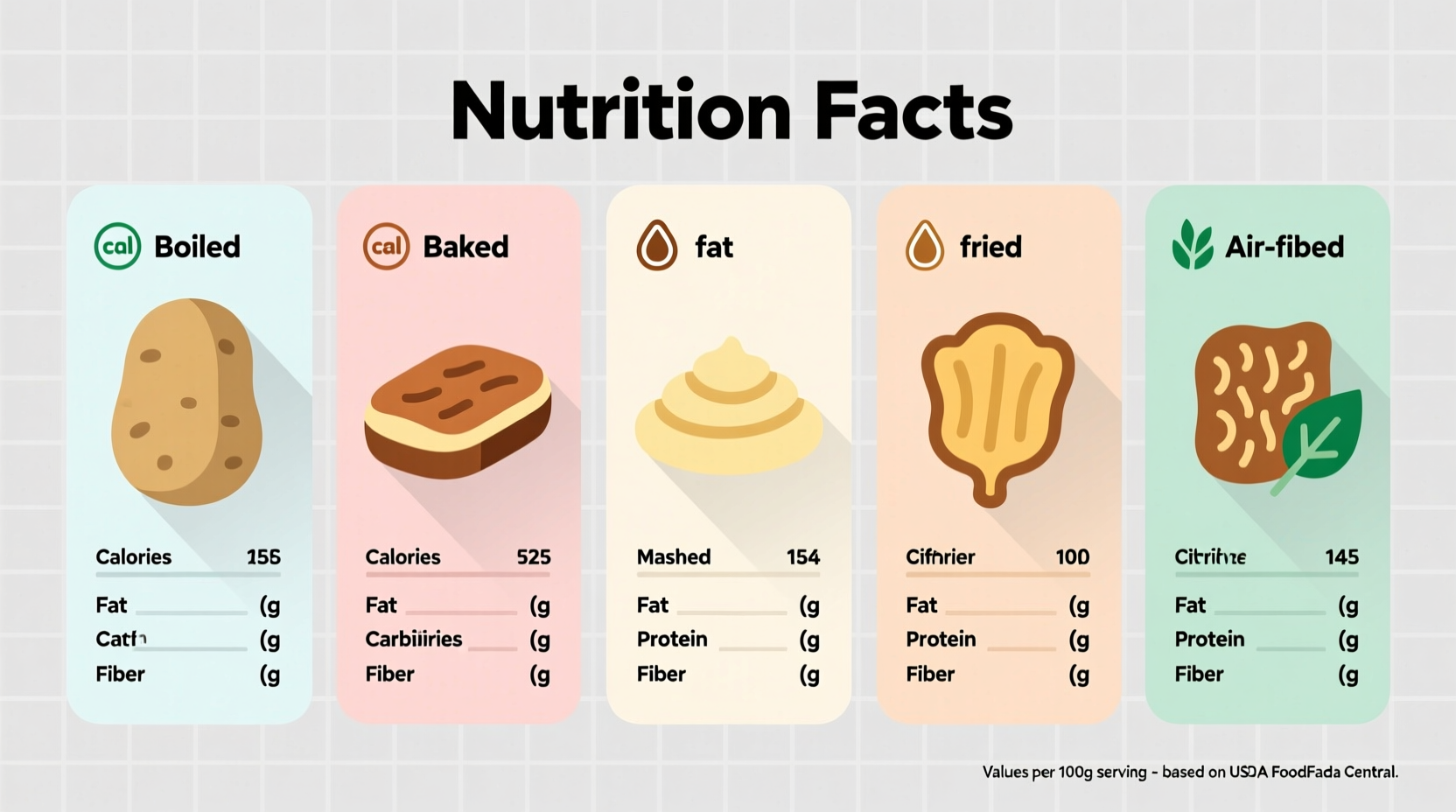 Nutrition facts of different potato preparations