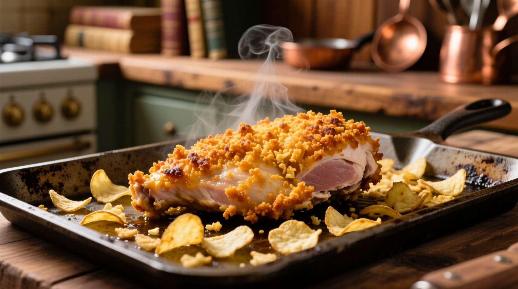 Golden brown potato chip crusted chicken on baking sheet