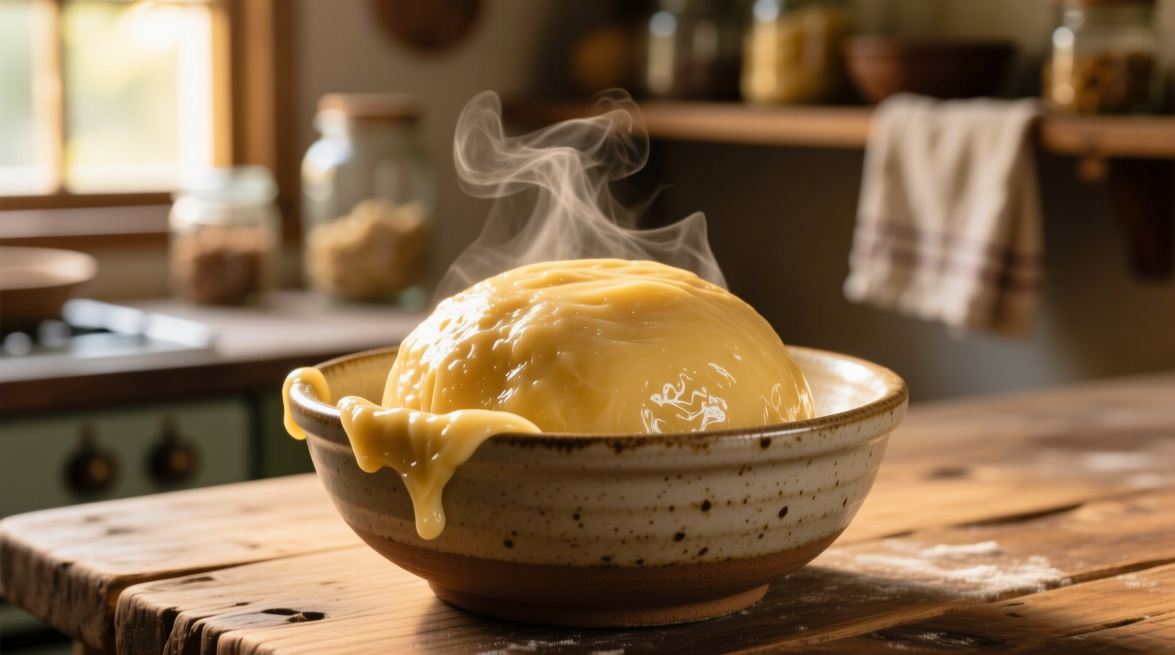 Golden potato mochi dough in mixing bowl