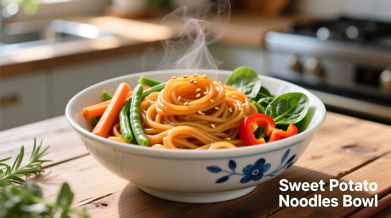 Perfectly cooked sweet potato noodles in a bowl with vegetables