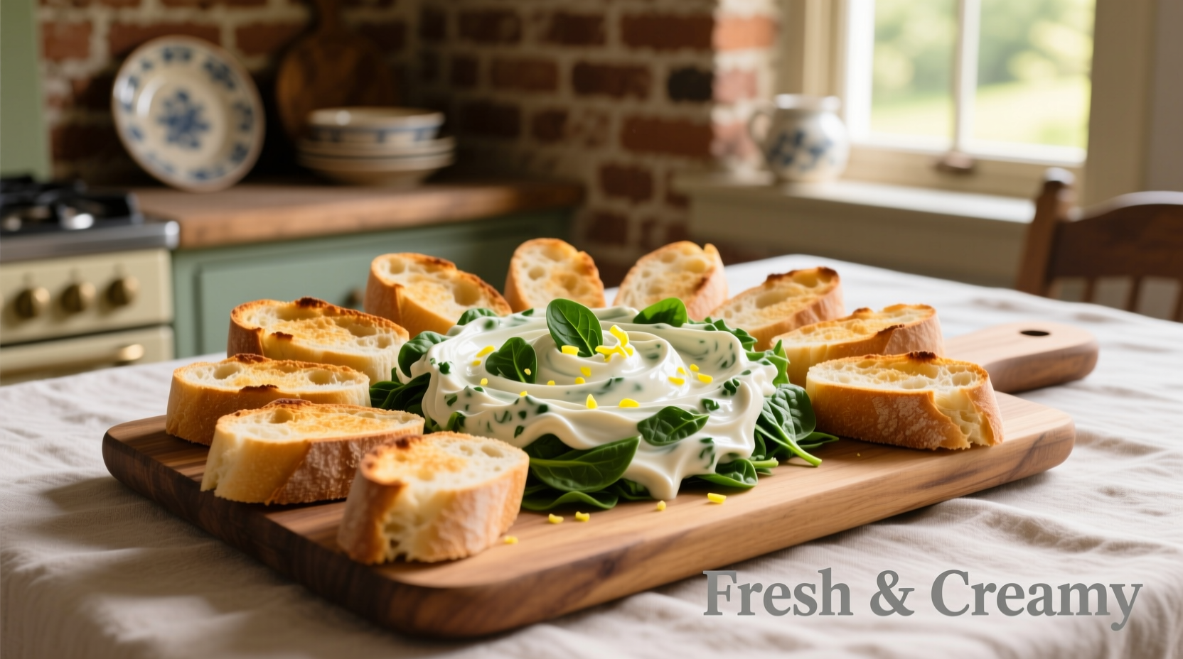 Creamy spinach dip served with toasted baguette slices