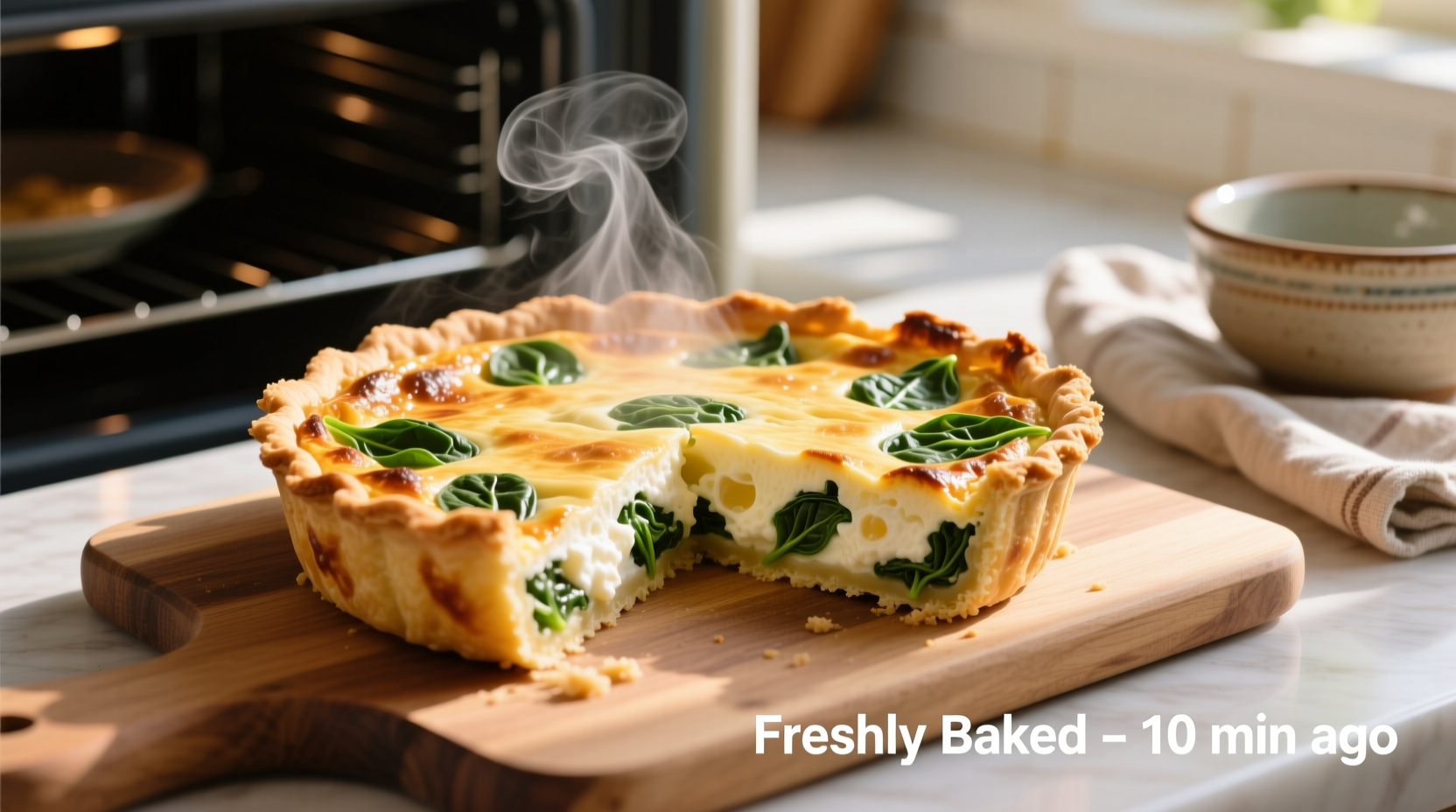 Fluffy cottage cheese spinach crustless quiche fresh from oven