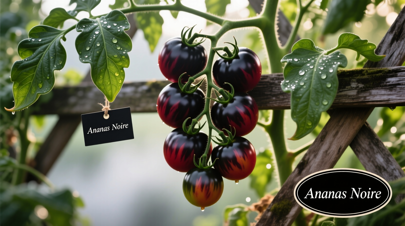Ripe Ananas Noire tomatoes on vine with green foliage