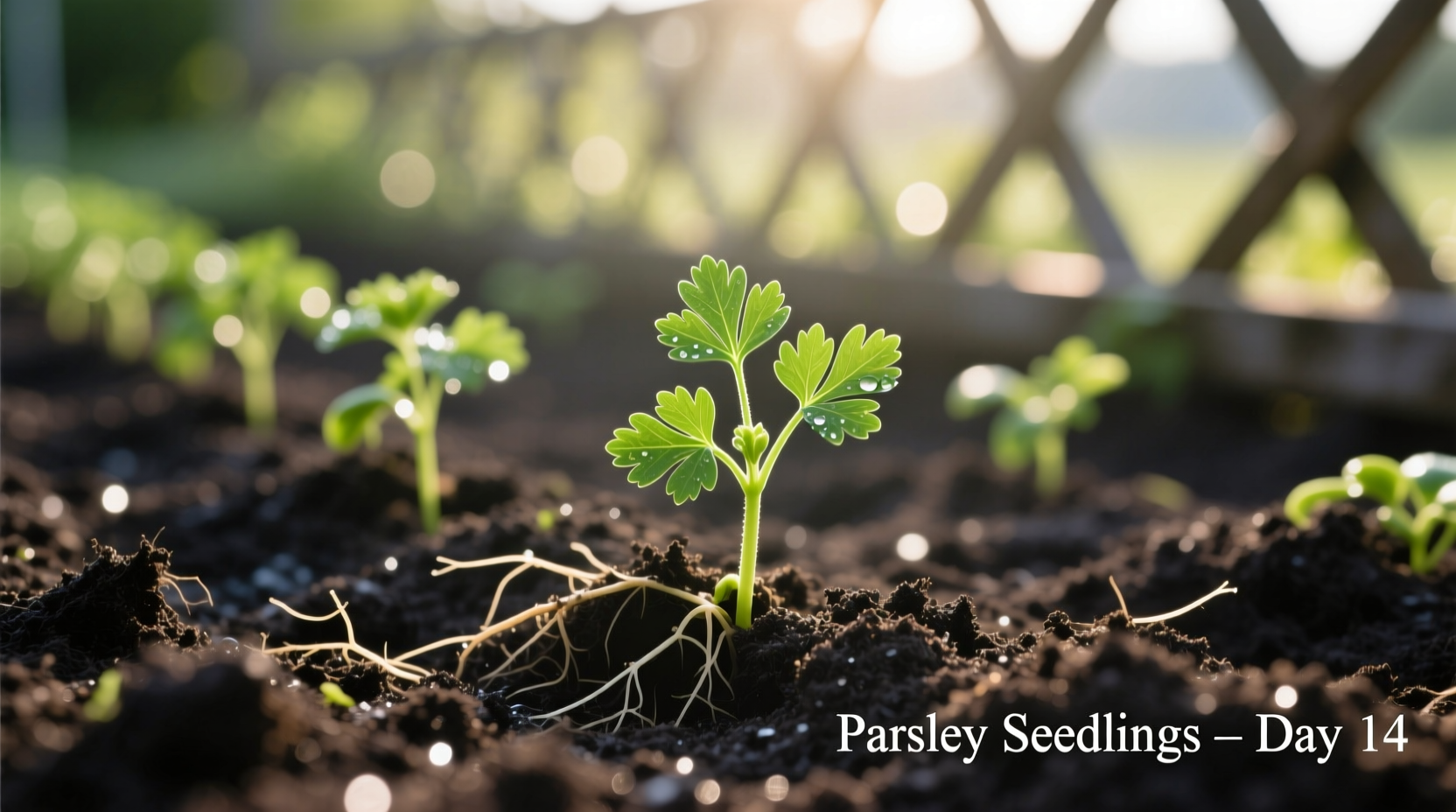 Flat leaf parsley seedlings in garden soil