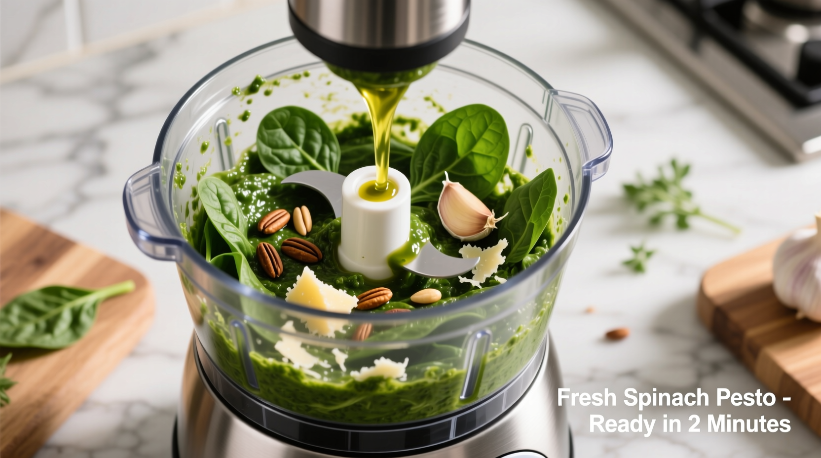 Fresh spinach pesto in food processor with ingredients