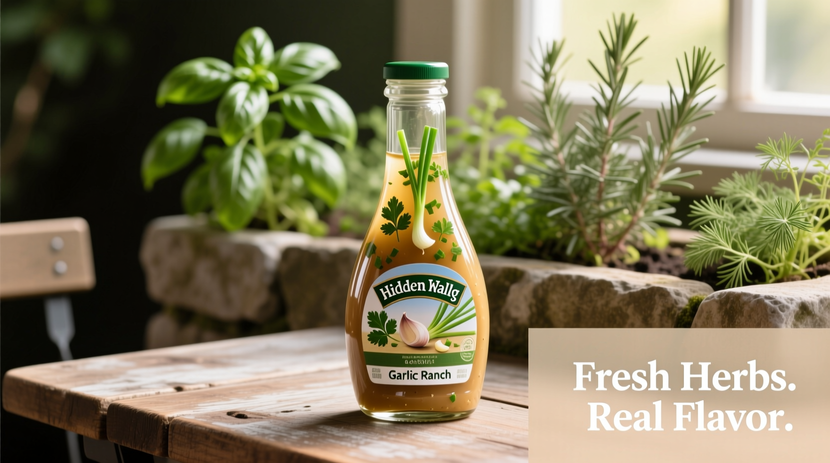 Hidden Valley Garlic Ranch bottle with fresh herbs