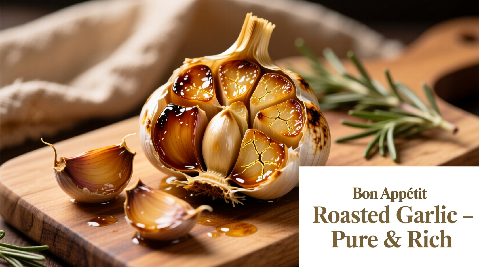 Golden roasted garlic head with cloves separated