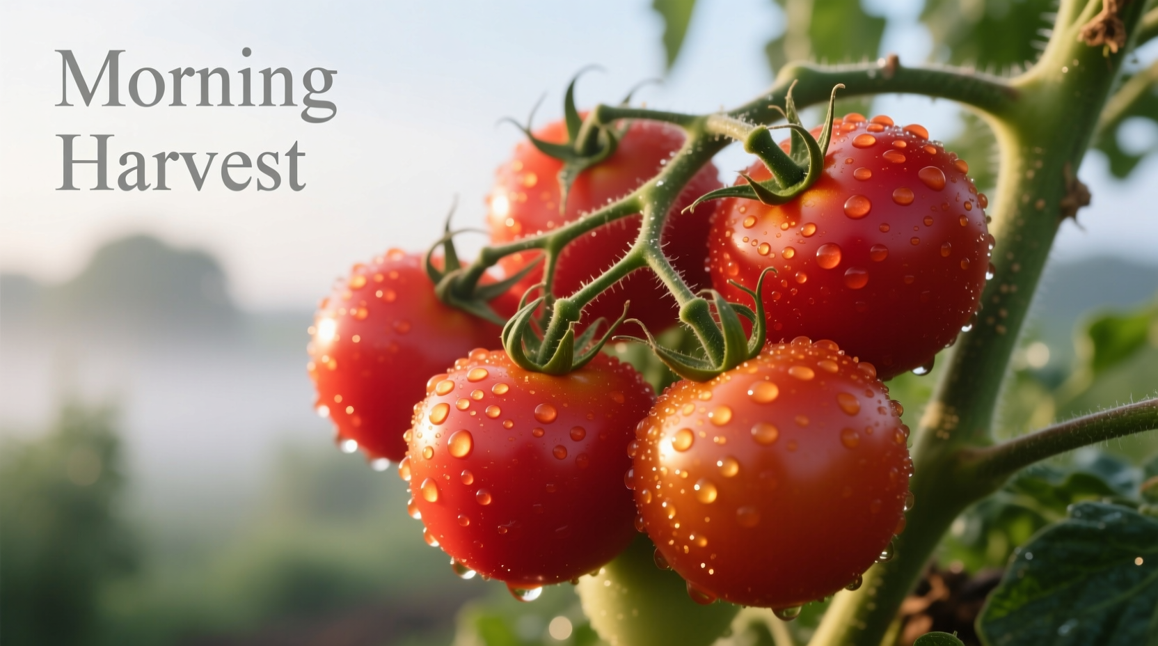 Ripe red tomatoes on vine with morning dew