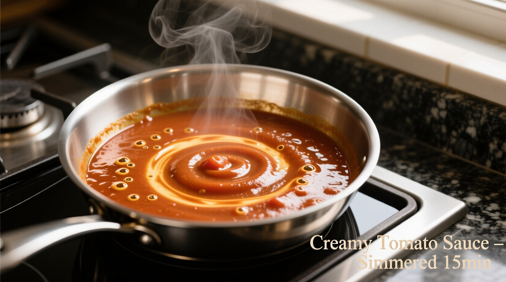 Creamy tomato sauce simmering in stainless steel pan