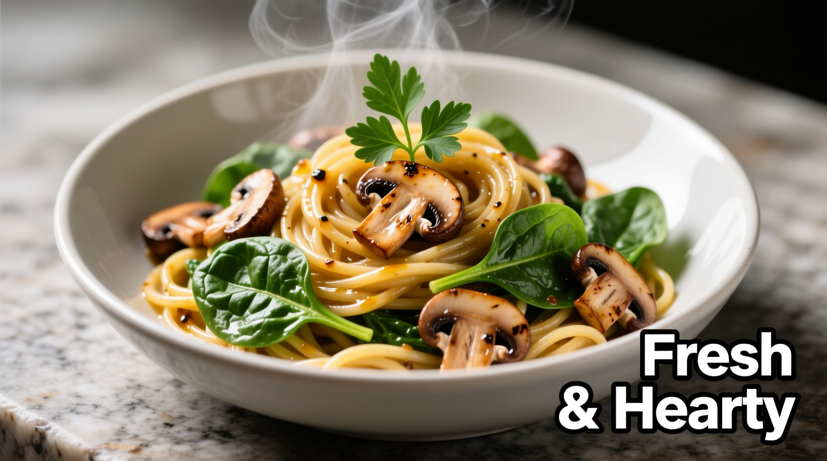 Spaghetti with fresh spinach and sautéed mushrooms