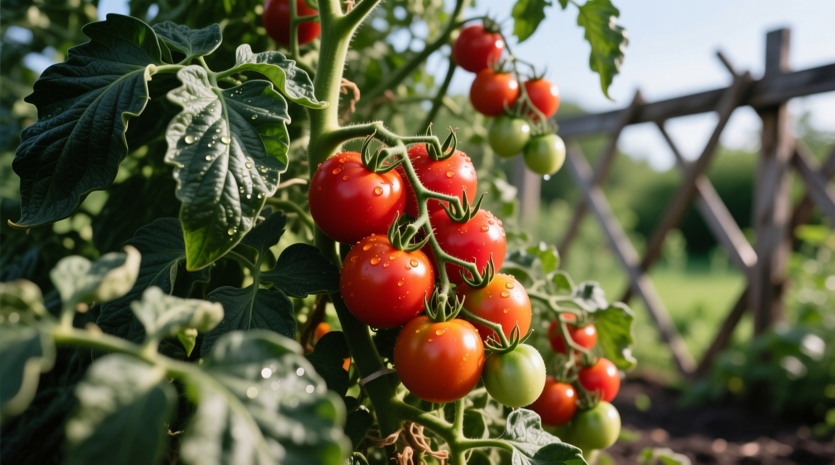Tomato plant showing healthy dark green leaves and vibrant fruit