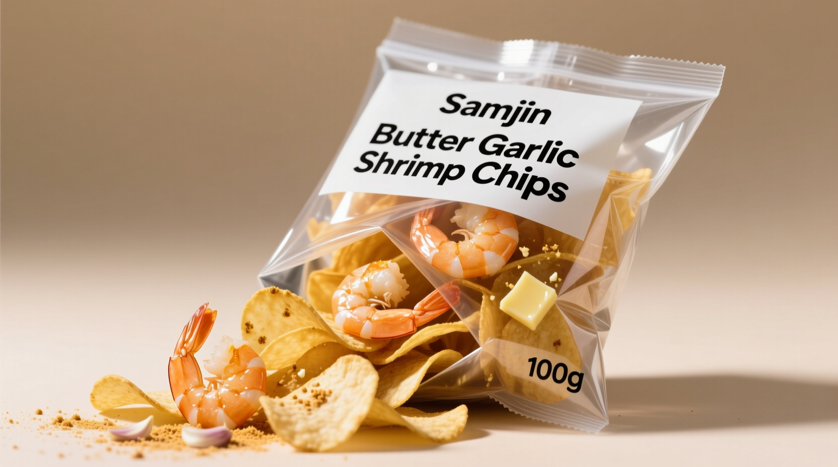 Samjin Butter Garlic Shrimp Chips in clear packaging