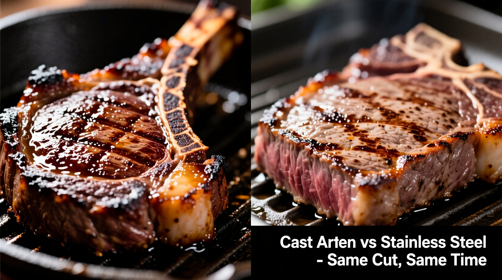 Side-by-side macro photos: left shows deeply scored, glossy mahogany crust on ribeye seared in cast iron; right shows mottled, matte-brown, partially lifted crust on identical cut from stainless steel—same oil, same time, same stove