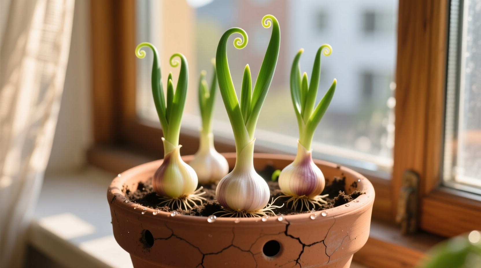 Growing garlic in container on sunny windowsill