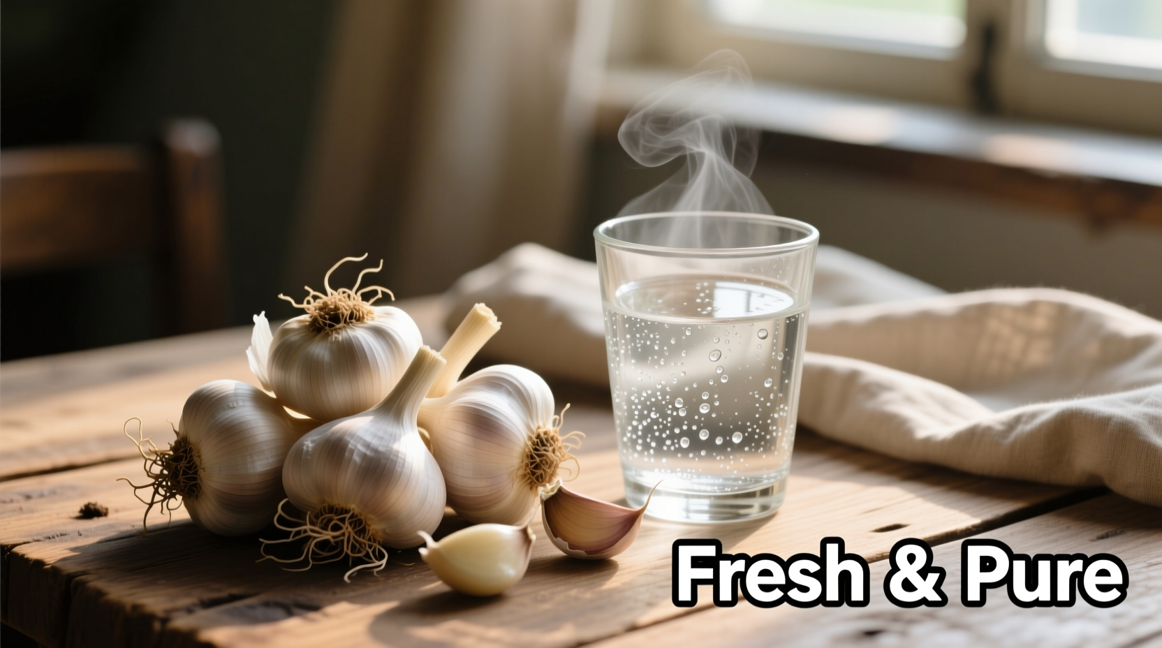 Garlic cloves next to glass of water