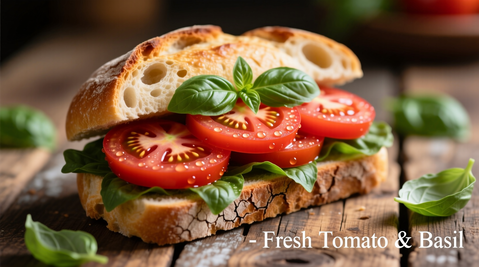 Fresh tomato sandwich with basil on artisan bread