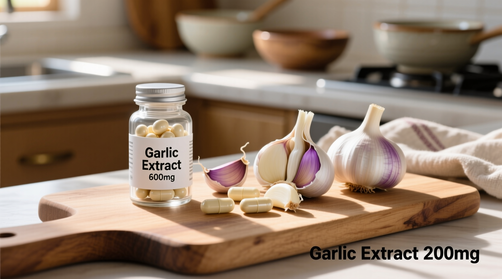 Odorless garlic supplements next to fresh garlic cloves