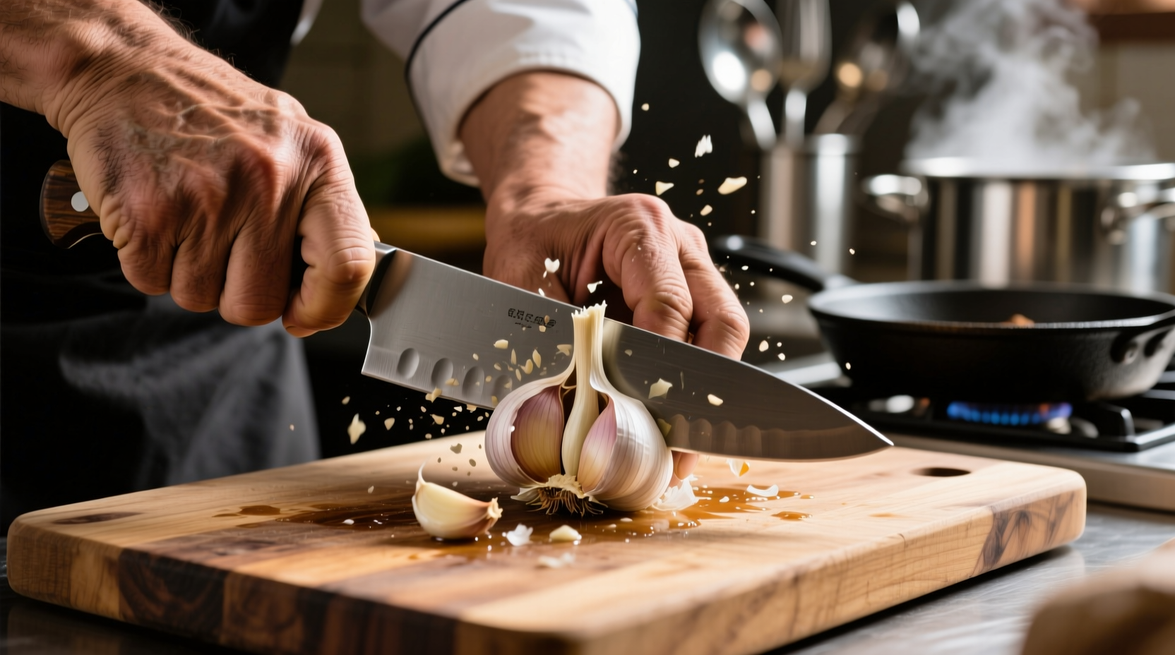 Chef's hand crushing garlic with knife on wooden cutting board
