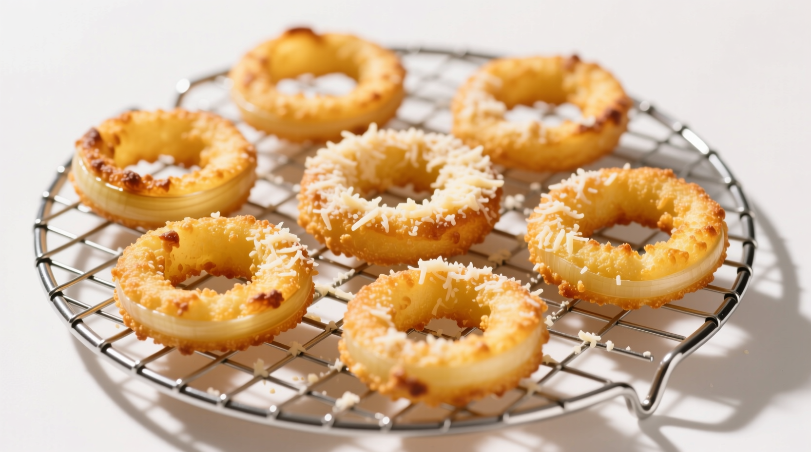 Golden parmesan onion rings on wire rack