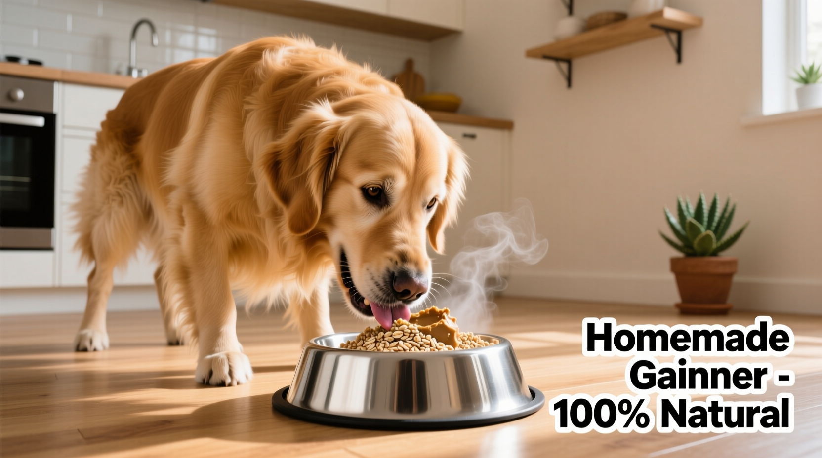 Golden Retriever eating from stainless steel bowl with homemade weight gainer