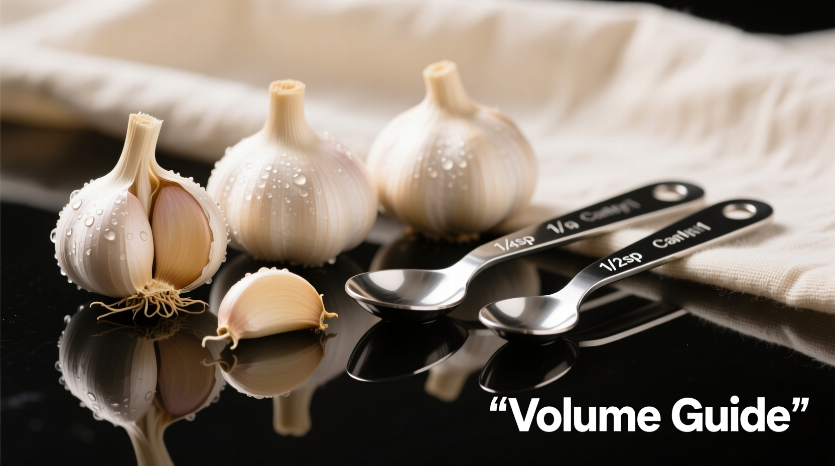 Six garlic cloves next to measuring spoons showing volume