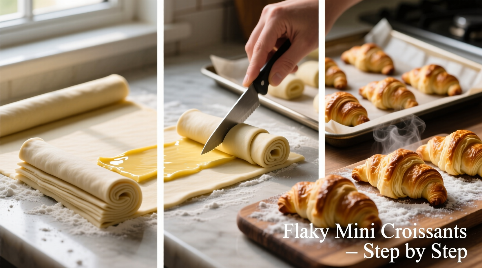 step by step guide to making flaky mini croissants with puff pastry at home