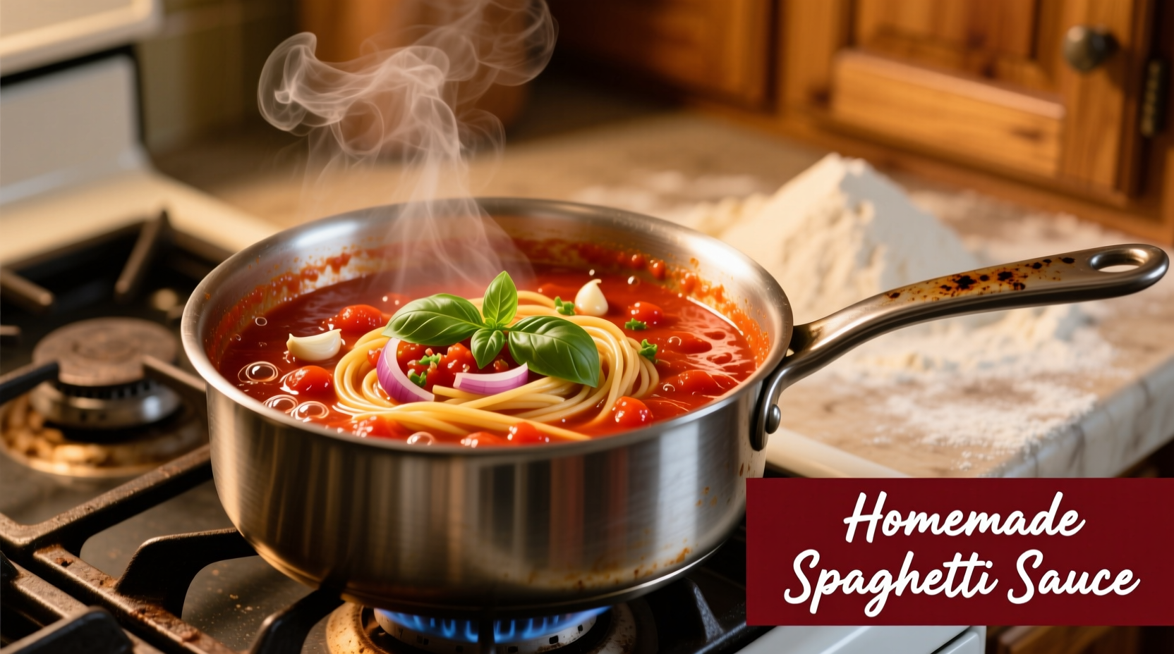 Homemade spaghetti tomato sauce simmering in a pot