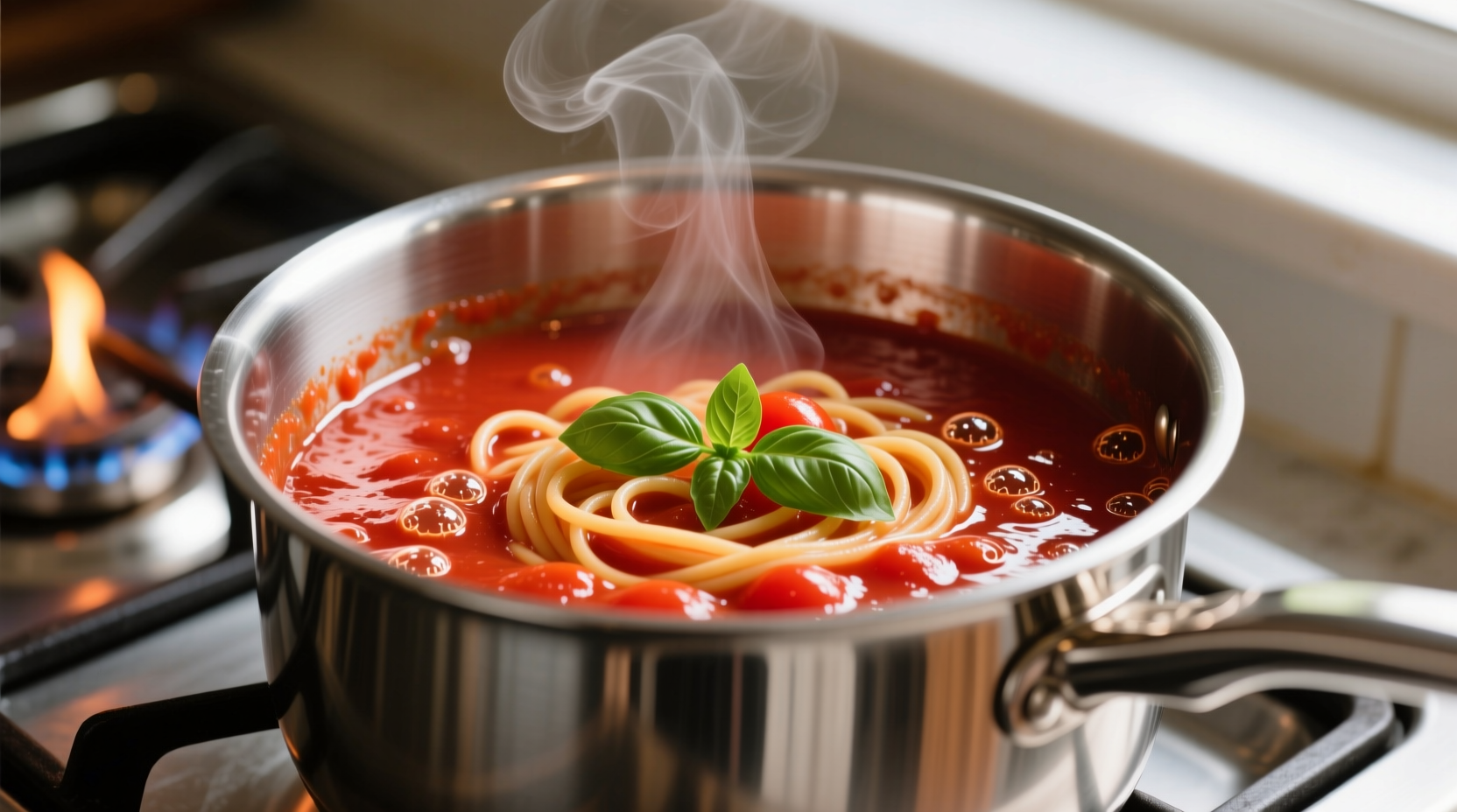 Simple tomato pasta sauce simmering in stainless steel pot