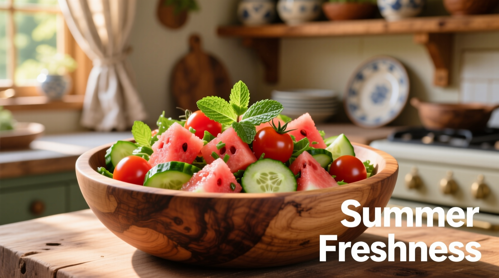 Fresh watermelon tomato salad in wooden bowl