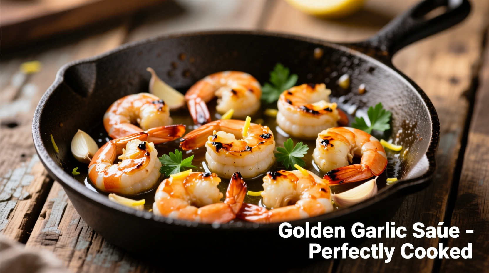 Perfectly cooked sautéed shrimp with golden garlic