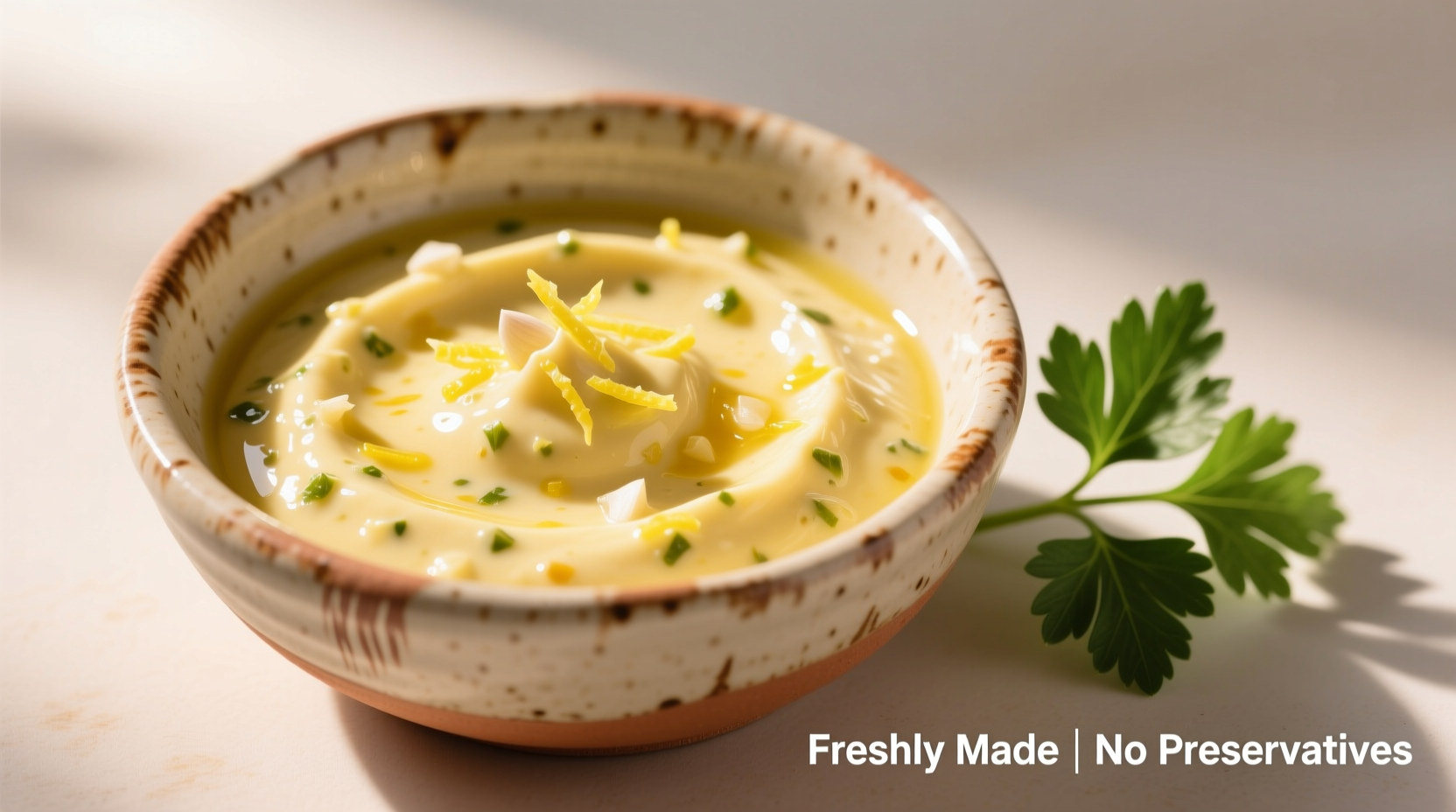 Homemade lemon garlic aioli in ceramic bowl