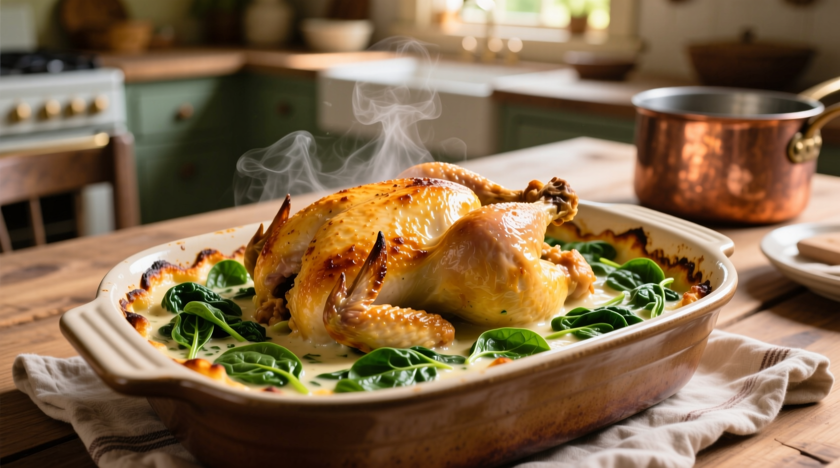 Golden chicken spinach casserole fresh from oven