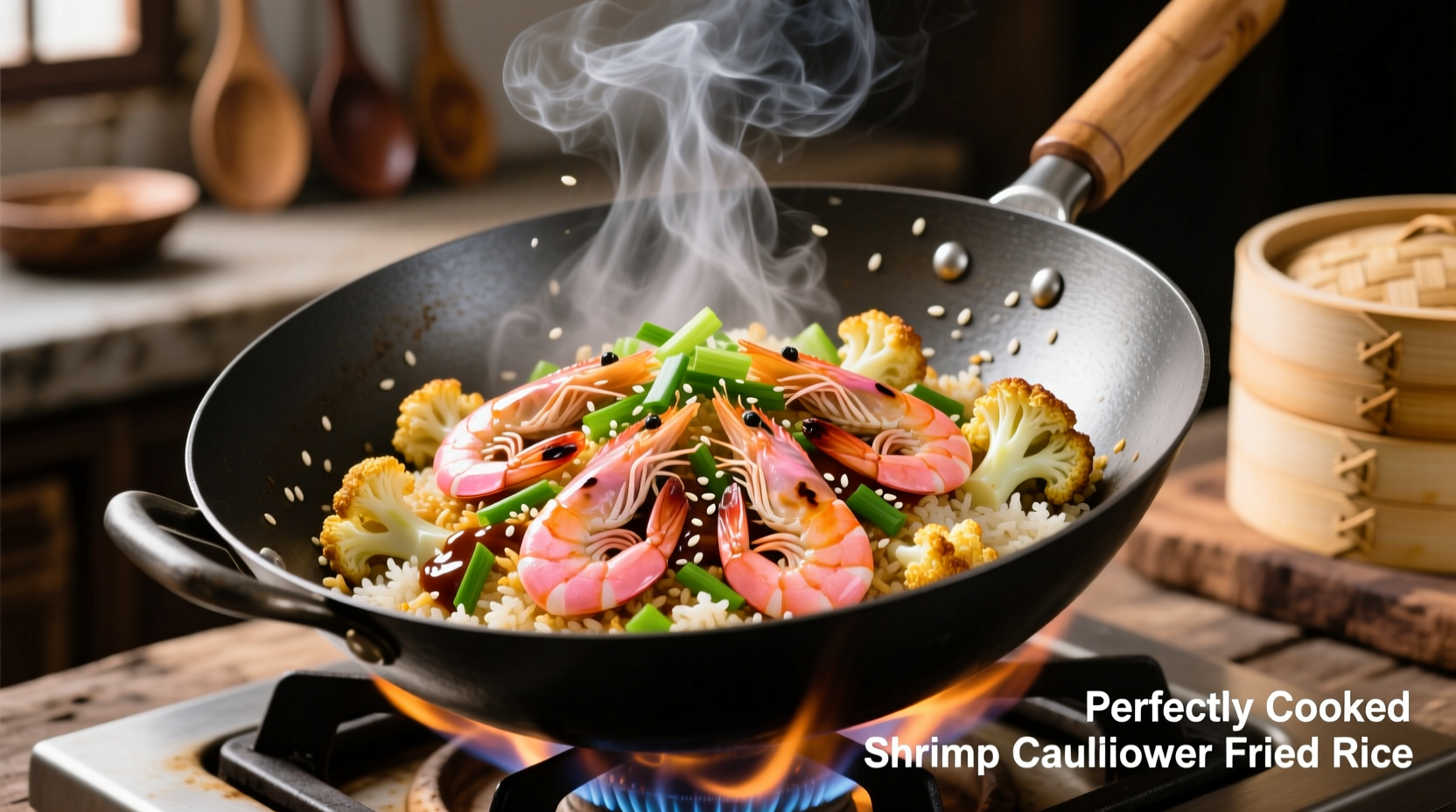 Perfectly cooked shrimp cauliflower fried rice in wok