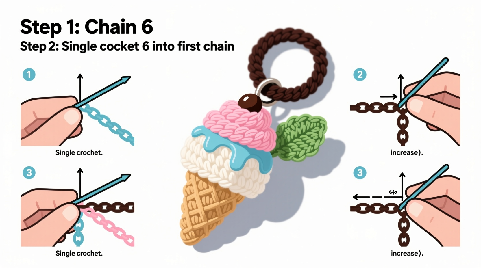 step by step guide to crochet a mini ice cream keychain for beginners