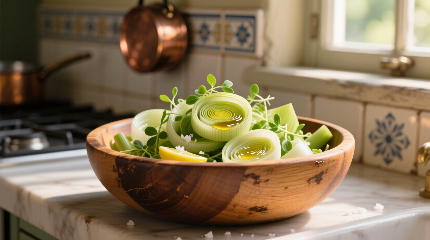 Freshly prepared leek salad in wooden bowl