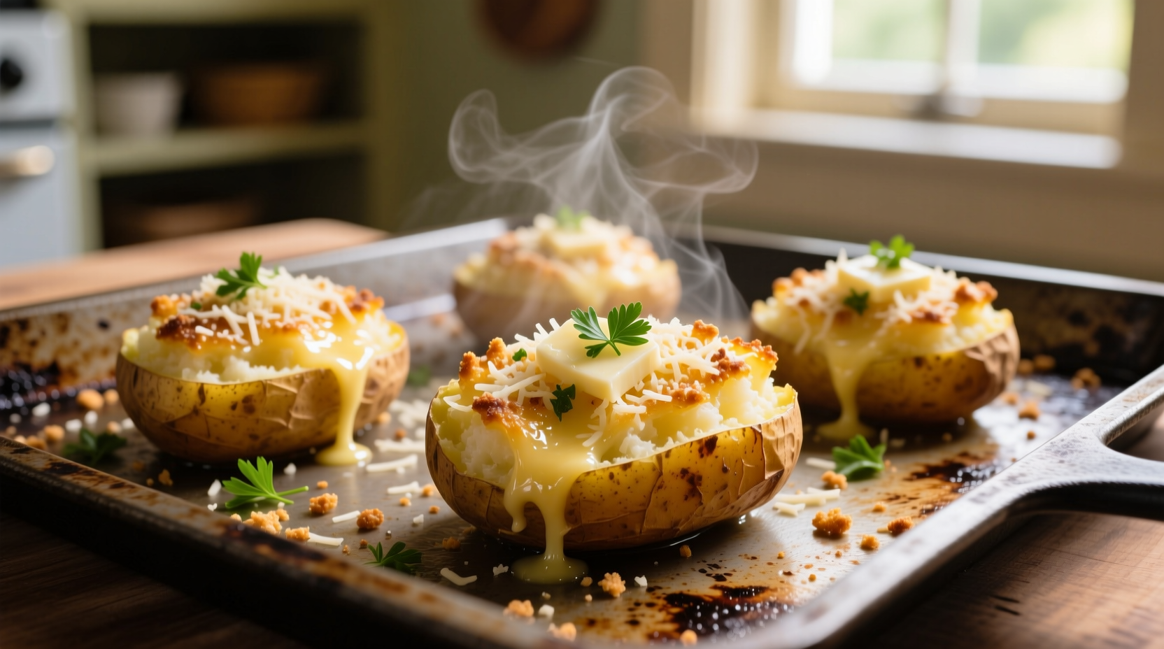 Golden garlic parmesan smashed potatoes on baking sheet