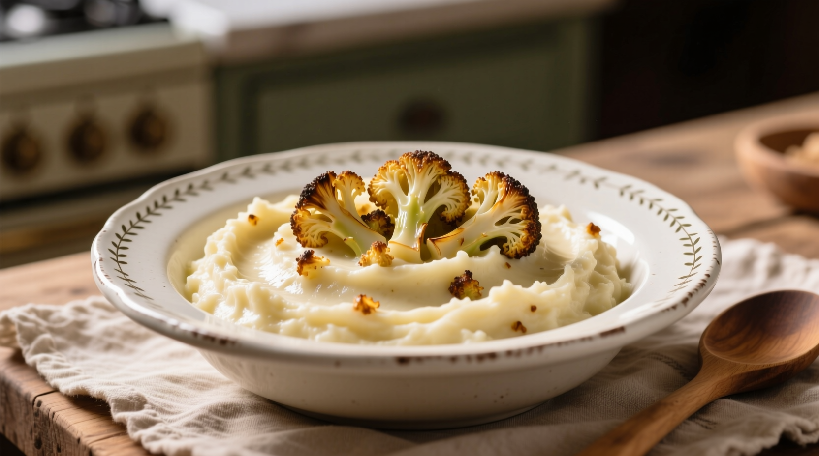 Creamy mashed potatoes with cauliflower in white bowl