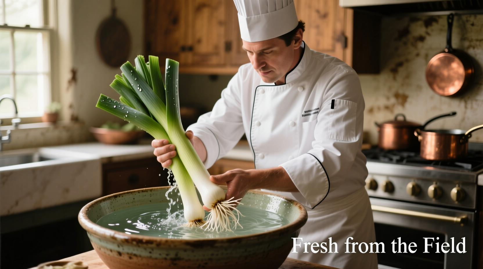 Chef washing leeks in a large bowl of water