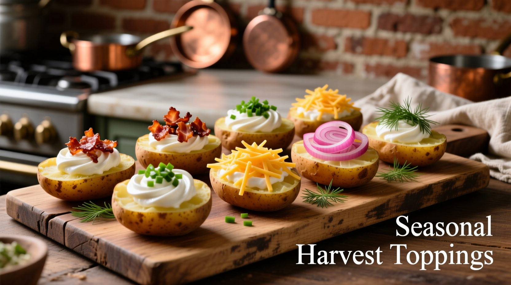 Variety of baked potato toppings arranged beautifully
