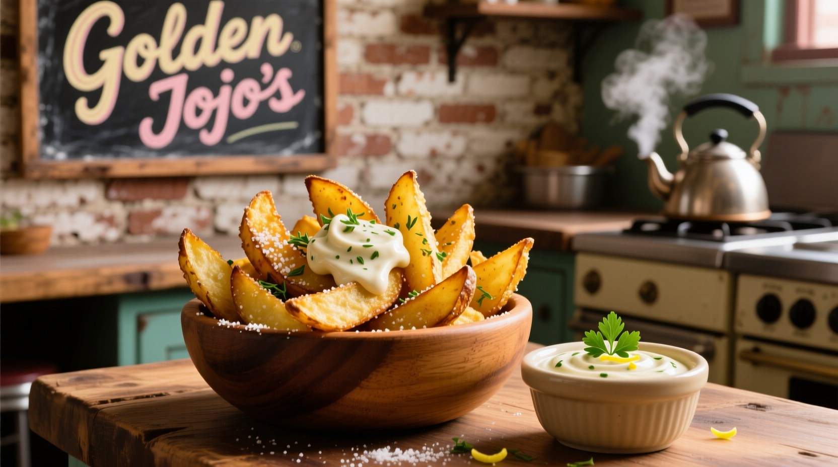 Golden Jojo's potato wedges served with dipping sauce
