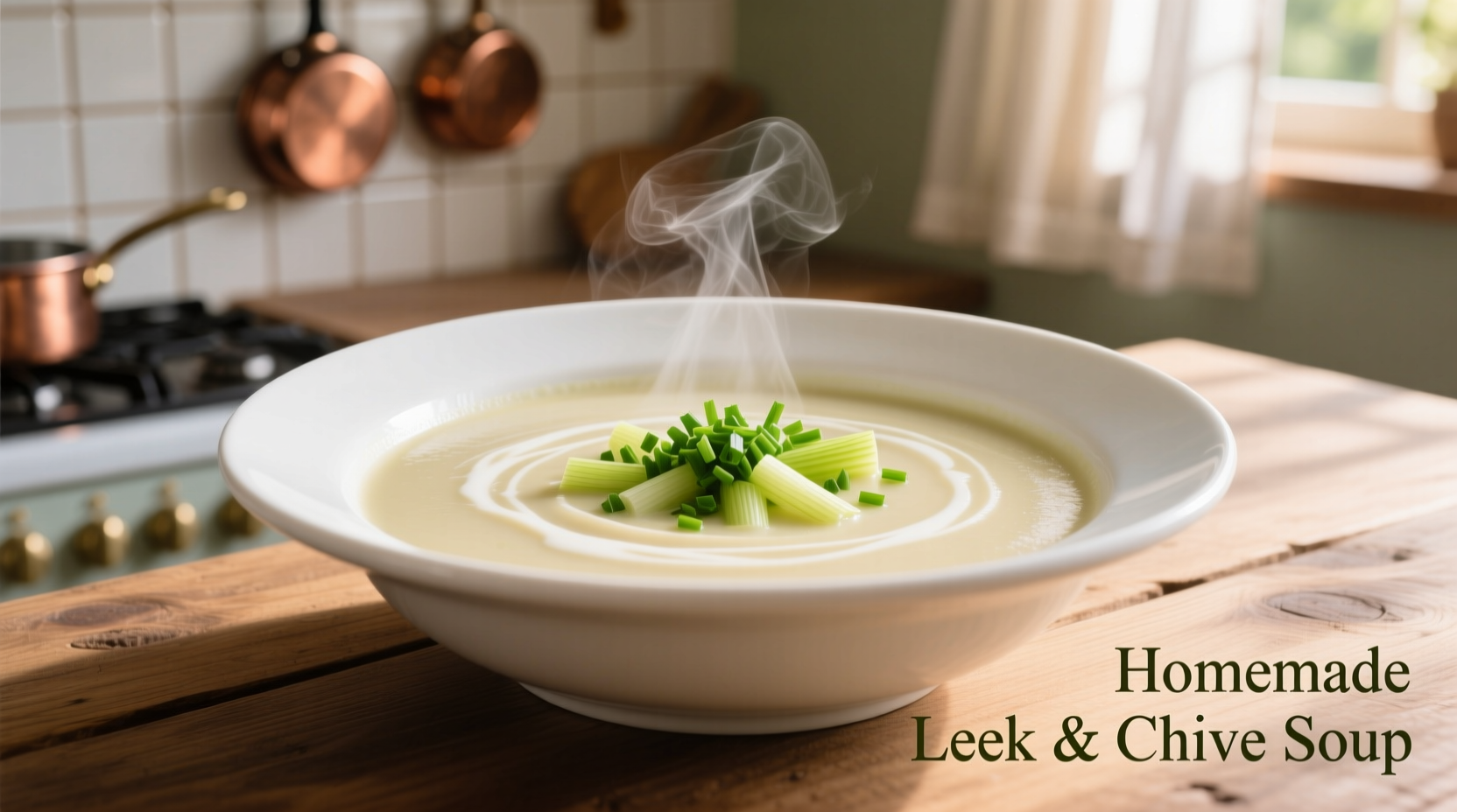 Creamy leek soup in white bowl with chive garnish