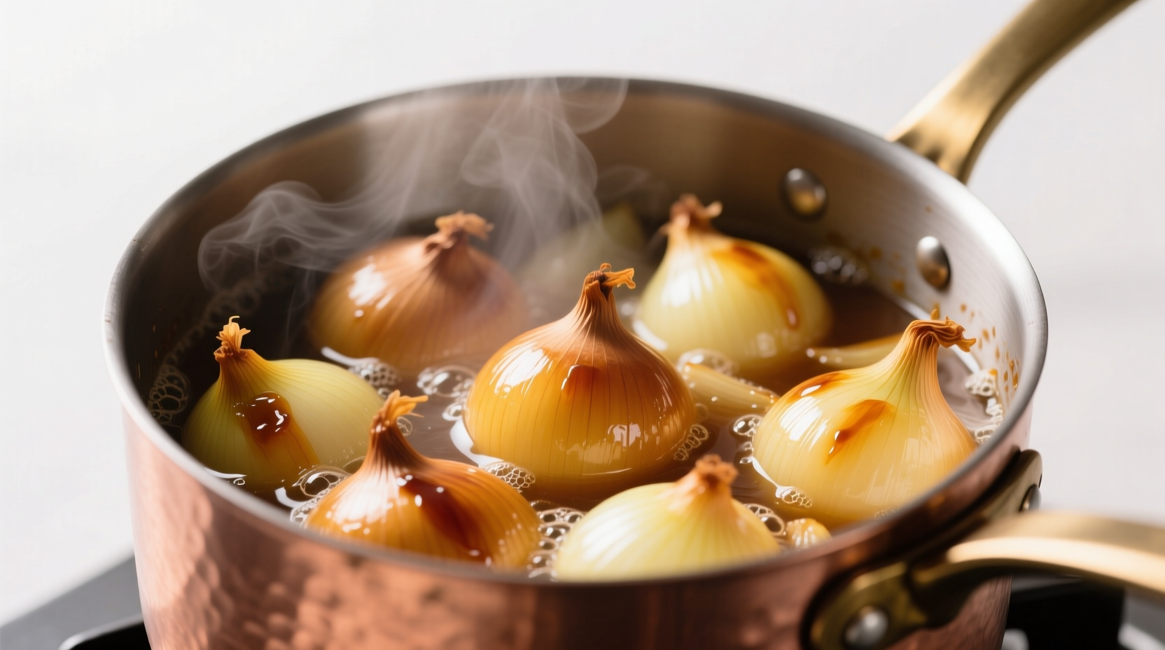 Slow caramelizing yellow onions in copper pot showing deep golden-brown color