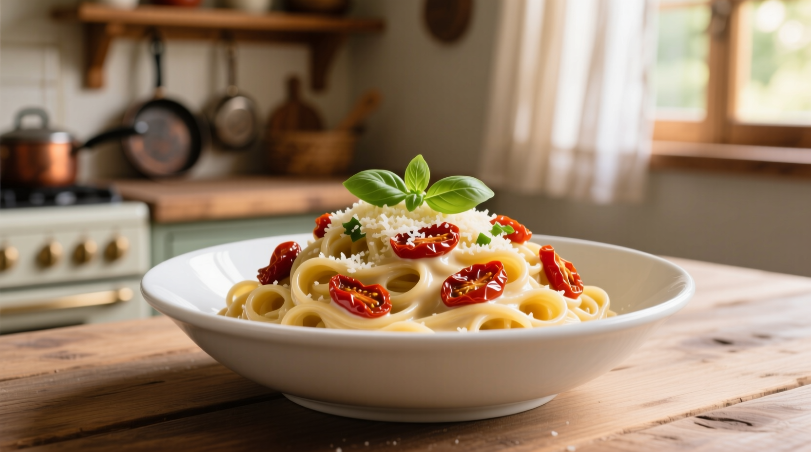 Creamy sun dried tomato alfredo pasta in white bowl