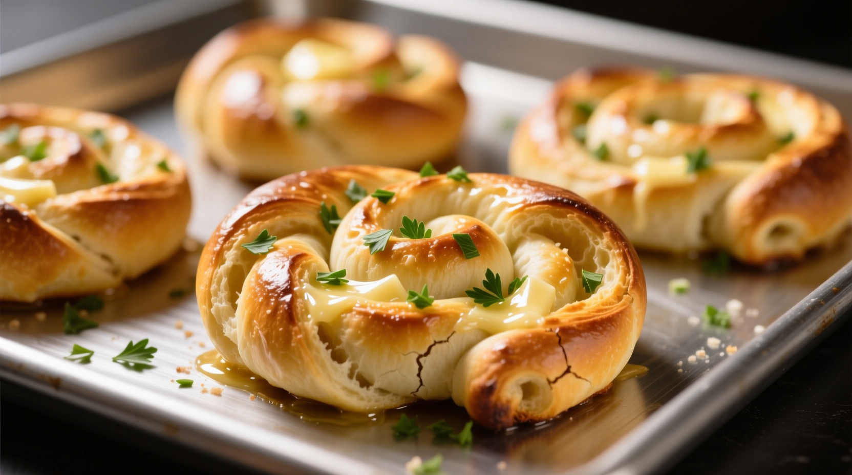 Golden garlic bread twists on baking sheet