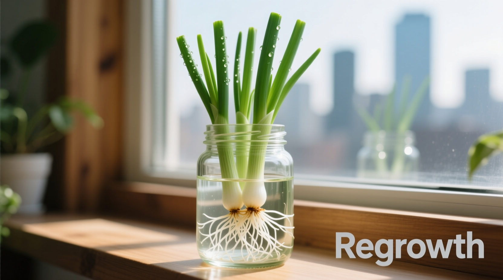 Green onions regrowing in water on windowsill